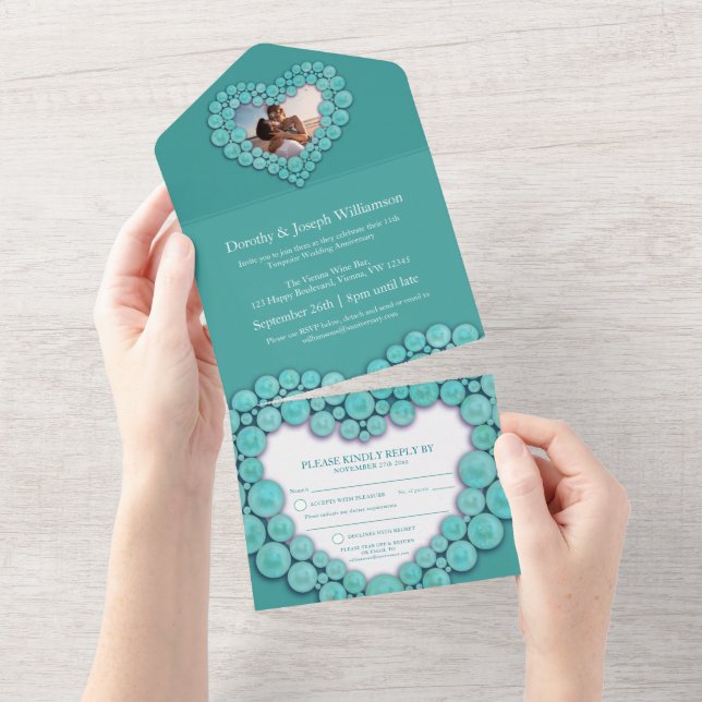 Invitation Tout En Un 11e anniversaire du mariage Turquiose photo (Déchirure)