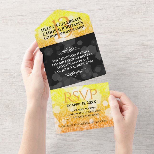 Invitation Tout En Un 13e anniversaire de mariage élégant citrine (Déchirure)
