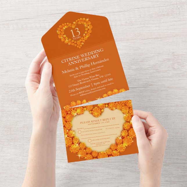 Invitation Tout En Un 13e anniversaire mariage citrine orange (Déchirure)