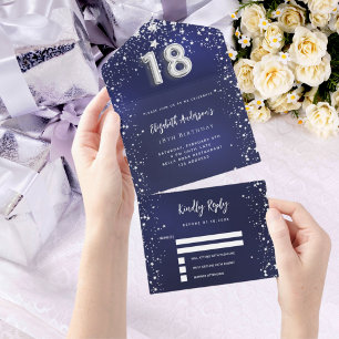 Invitation Tout En Un 18e anniversaire marine bleu argent étoiles rsvp