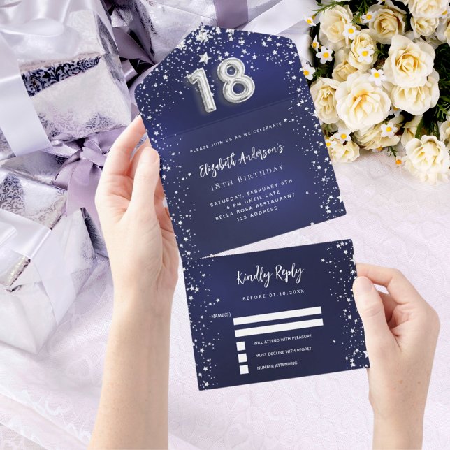 Invitation Tout En Un 18e anniversaire marine bleu argent étoiles rsvp (Créateur téléchargé)