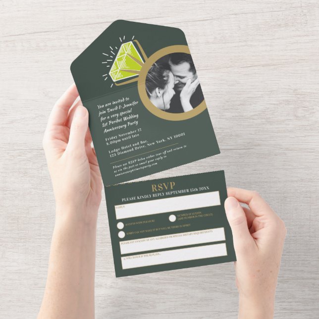 Invitation Tout En Un 1er anniversaire mariage fête verte pardot ring  (Déchirure)