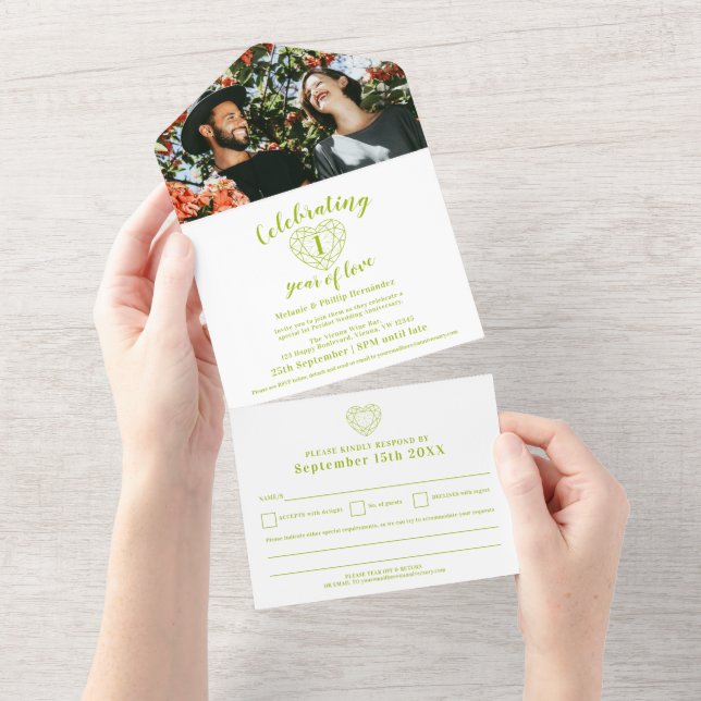 Invitation Tout En Un 1ère photo d'anniversaire du mariage avec RSVP  (Déchirure)