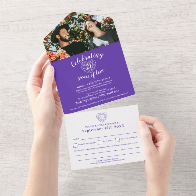 Invitation Tout En Un 21e anniversaire du mariage iolite violet photo RS (Déchirure)