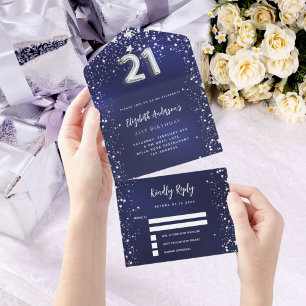 Invitation Tout En Un 21e anniversaire marine bleu argent étoiles rsvp