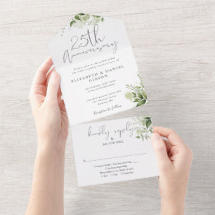 Invitation Tout En Un 25e Anniversaire de Mariage Argent Script Floral