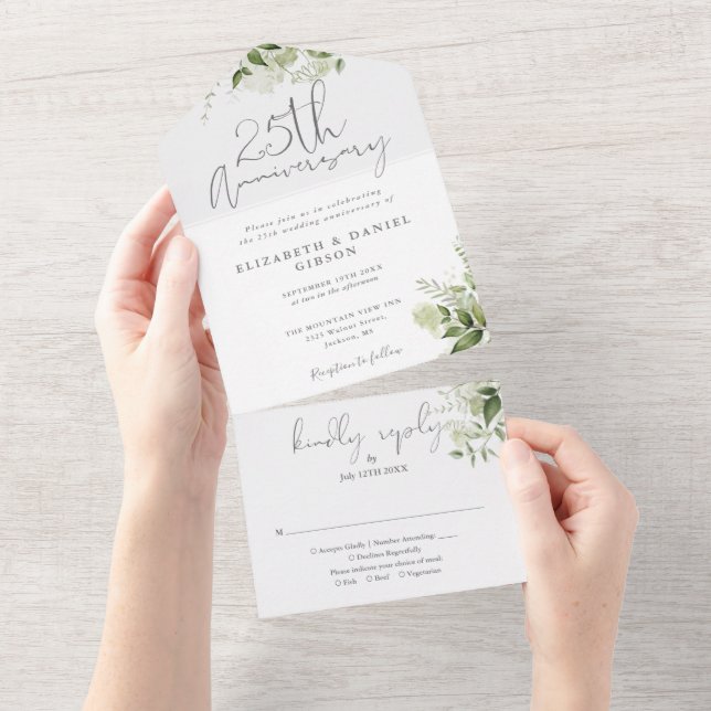 Invitation Tout En Un 25th Wedding Anniversary Silver Script Floral (Déchirure)