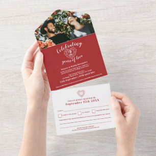 Invitation Tout En Un 2e anniversaire mariage grenat rouge RSVP photo