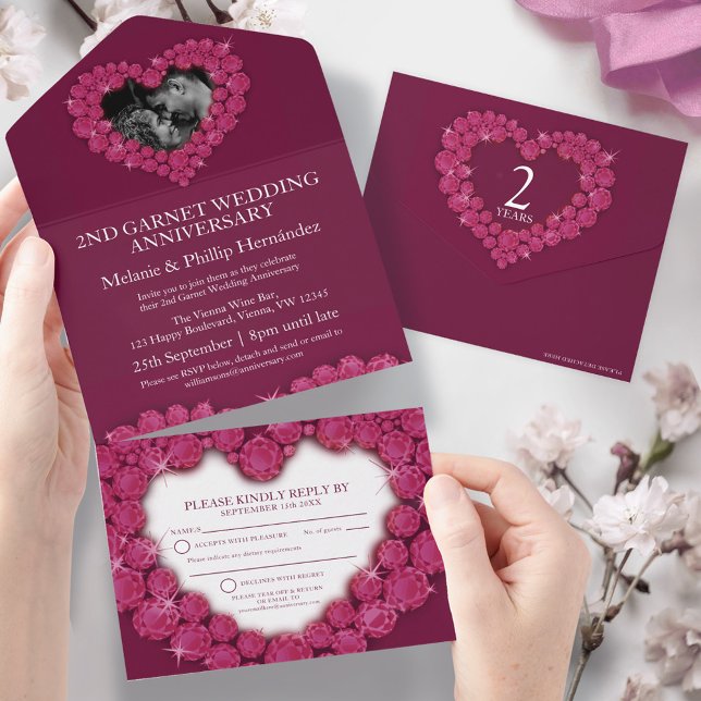 Invitation Tout En Un 2e anniversaire mariage photo coeur grenat rouge (Créateur téléchargé)