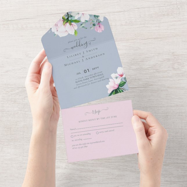 Invitation Tout En Un 3en1 Magnolias rose Dusty Blue Eucalyptus Mariage (Déchirure)