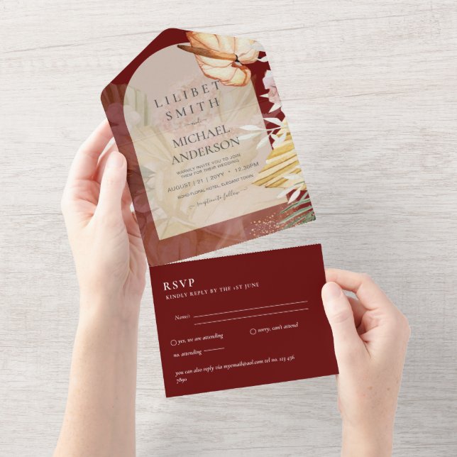 Invitation Tout En Un 3in1 Boho Pampas Mariage en herbe RSVP (Déchirure)