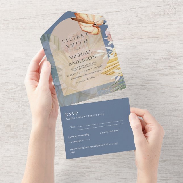 Invitation Tout En Un 3in1 Boho Pampas Mariage en herbe RSVP (Déchirure)