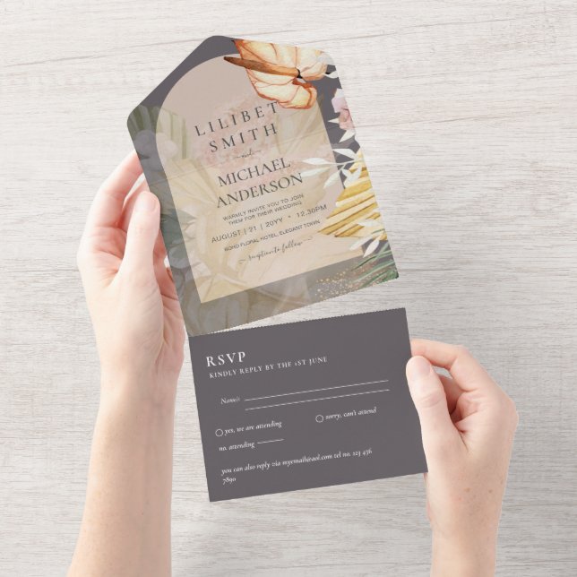 Invitation Tout En Un 3in1 Boho Pampas Mariage en herbe RSVP (Déchirure)