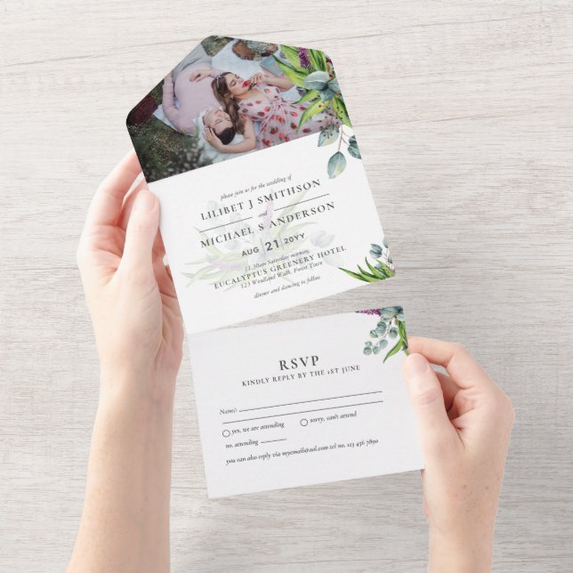 Invitation Tout En Un 3in1 Eucalyptus Green PHOTO Mariage Budget RSVP (Déchirure)
