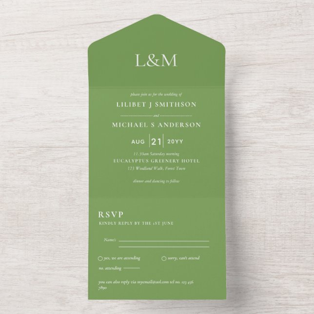 Invitation Tout En Un 3in1 Feuillage vert Texte seulement Mariage Invite (À l'intérieur)
