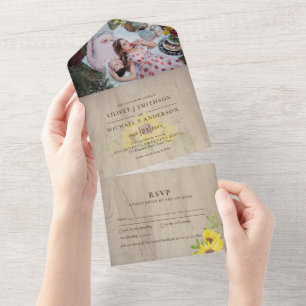 Invitation Tout En Un 3in1 Fleurs de soleil rustiques Mariage en bois RS