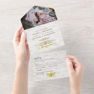 Invitation Tout En Un 3in1 Fleurs de soleil rustiques Mariage en bois RS