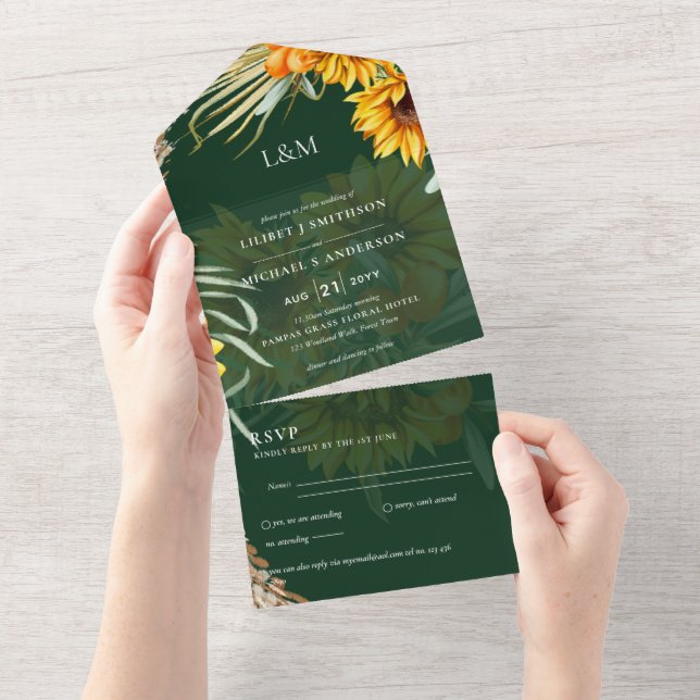 Invitation Tout En Un 3in1 Monogramme Tournesols Pampas Mariage en herbe (Déchirure)