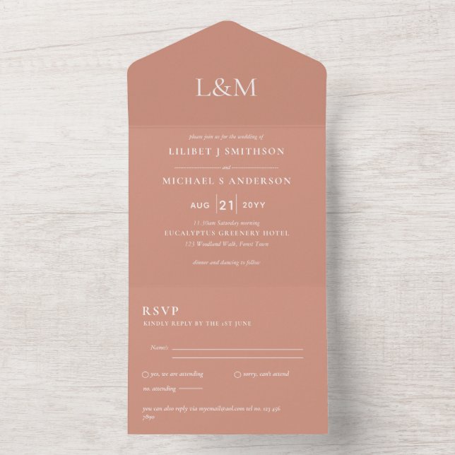 Invitation Tout En Un 3in1 Muted Terracotta Argile Texte Mariage Invitat (À l'intérieur)