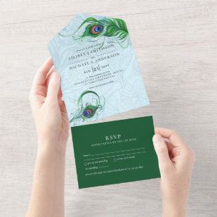 Invitation Tout En Un 3in1 Peacock Blue Green Feather Wedding RSVP All I