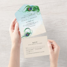 3in1 Peacock Feather Aqua Coral Wedding RSVP