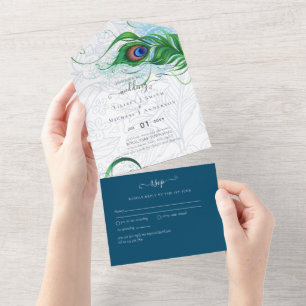 Invitation Tout En Un 3in1 Peacock Feather Blue Green Wedding RSVP