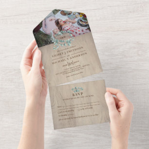 Invitation Tout En Un 3in1 Rustique Bois clair Coeur PHOTO Mariage RSVP