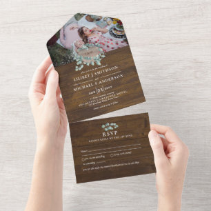 Invitation Tout En Un 3in1 Rustique Bois Coeur Monogramme Mariage RSVP
