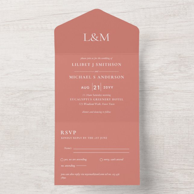 Invitation Tout En Un 3in1 Tawny Terracotta Orange Texte Mariage Inviter (À l'intérieur)