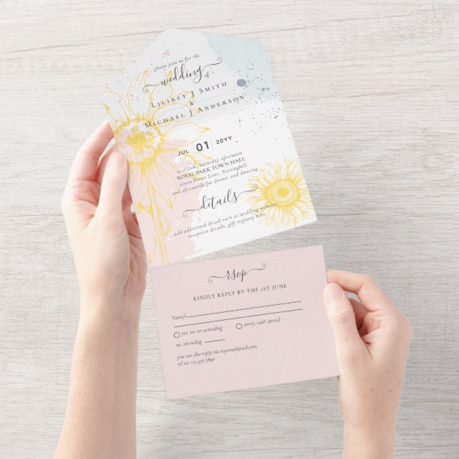 Invitation Tout En Un 3in1 Tournesol moderne Dusty Rose Bleu Mariage RSV (Déchirure)