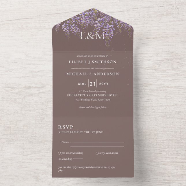 Invitation Tout En Un 3in1 Wisteria Taupe Mariage floral Inviter RSVP (À l'intérieur)