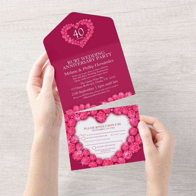 Invitation Tout En Un 40e anniversaire de mariage rubis enveloppe cœur (Déchirure)