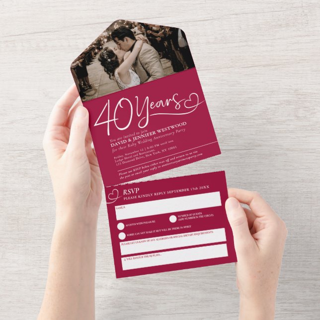 Invitation Tout En Un 40e anniversaire du mariage Ruby repas rouge RSVP  (Déchirure)