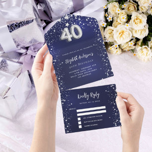 Invitation Tout En Un 40e anniversaire marine bleu argent étoiles rsvp