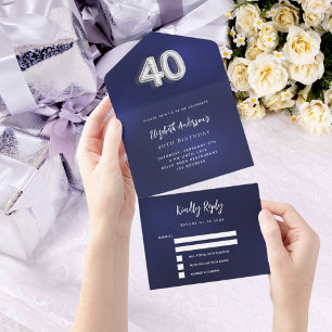 Invitation Tout En Un 40e anniversaire marine bleu argent rsvp