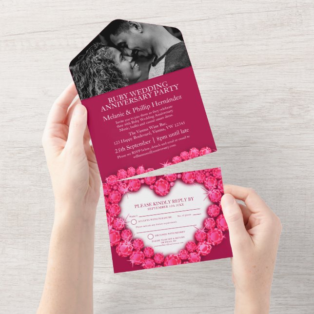 Invitation Tout En Un 40e rubis mariage anniversaire photo sans envelopp (Déchirure)