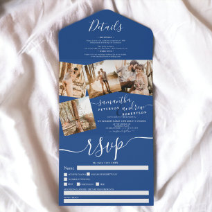 Invitation Tout En Un 4 Photos bleu blanc mariage de script moderne
