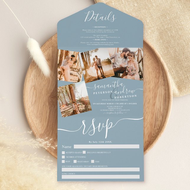 Invitation Tout En Un 4 Photos bleu poussiéreux mariage de script modern (Créateur téléchargé)