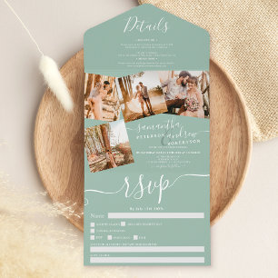 Invitation Tout En Un 4 Photos sauge vert moderne script mariage