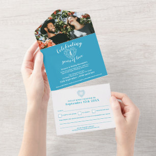 Invitation Tout En Un 4e anniversaire de mariage topaz bleu RSVP photo