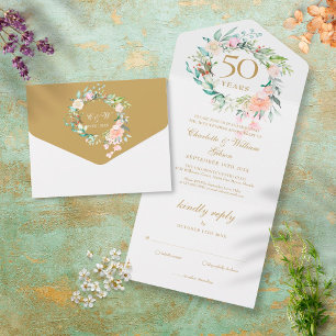 Invitation Tout En Un 50e anniversaire Mariage d'or Monogramme Floral