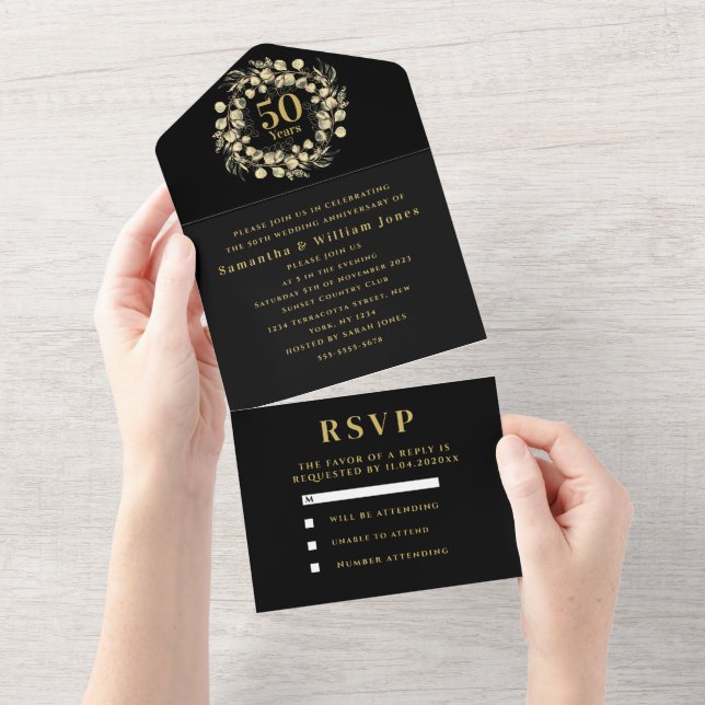 Invitation Tout En Un 50e anniversaire Mariage or noir moderne (Déchirure)
