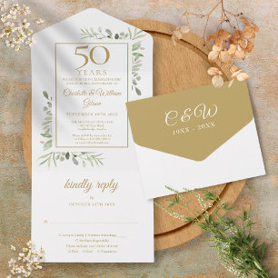 Invitation Tout En Un 50e anniversaire Mariage Verdure or Monogramme