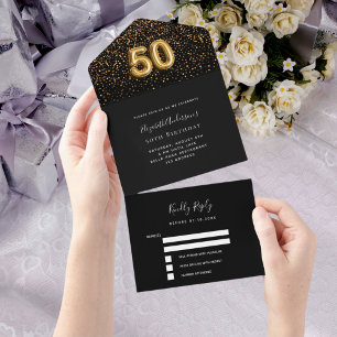 Invitation Tout En Un 50e anniversaire noir confetti rsvp