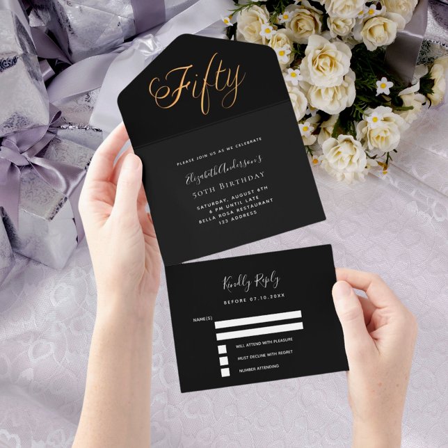 Invitation Tout En Un 50e anniversaire noir script or rsvp (Créateur téléchargé)