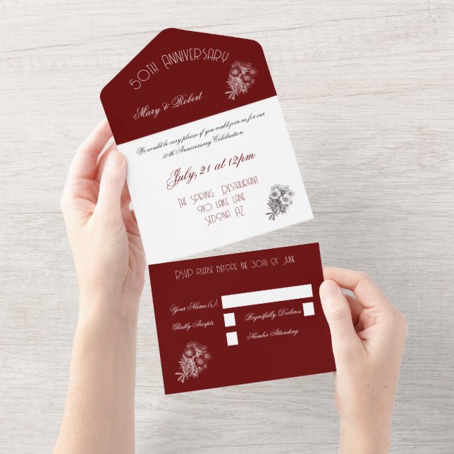 Invitation Tout En Un 50e anniversaire prospère - Bourgogne et blanc (Déchirure)