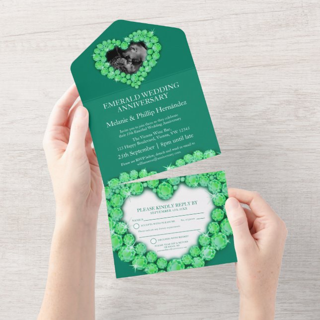 Invitation Tout En Un 55e anniversaire du mariage émeraude photo verte  (Déchirure)