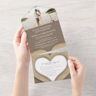 Invitation Tout En Un 5ème anniversaire de mariage en bois coeur photo m