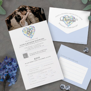 Invitation Tout En Un 60e anniversaire de mariage diamant cœur aquarelle