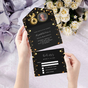 Invitation Tout En Un 60e anniversaire noir étoiles or photo rsvp